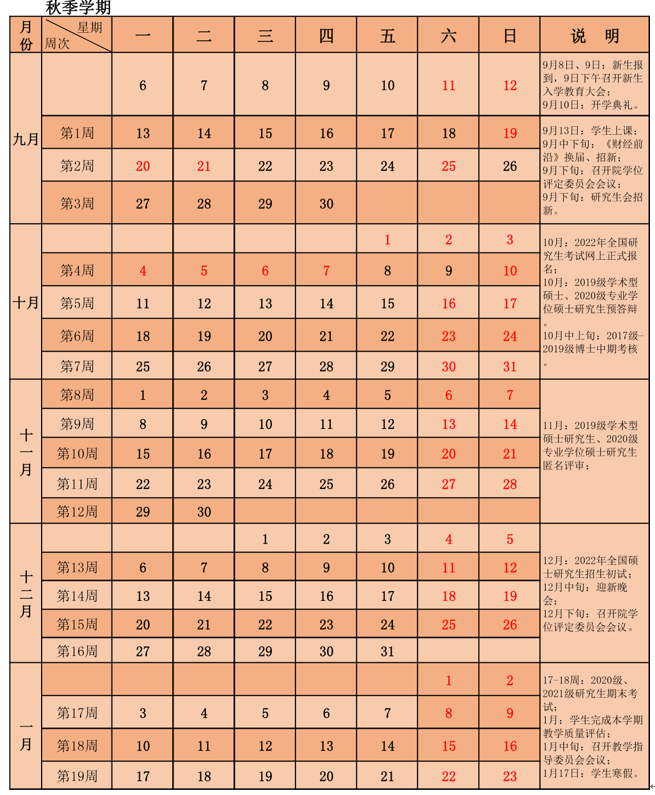 中國財(cái)政科學(xué)研究院研究生院2021-2022學(xué)年校歷（秋季學(xué)期）